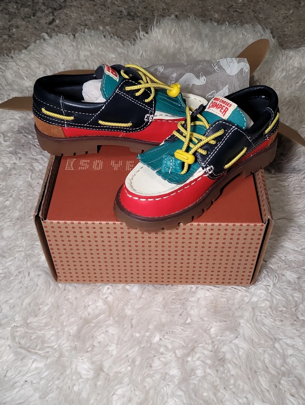 Camper Kids Multicolor Leather Moccasins - Black/Red/Teal/Yellow/Cream/Brown
